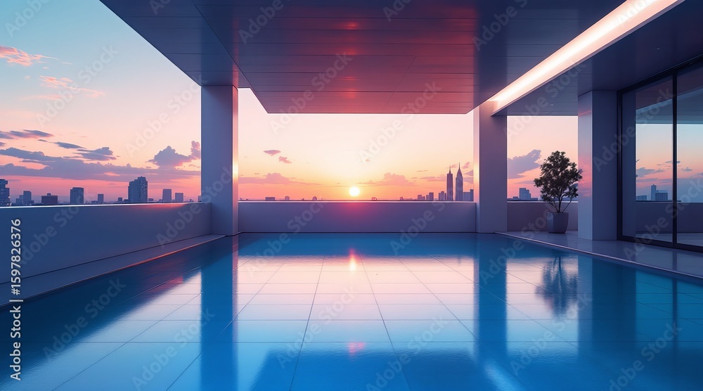 Fototapeta premium A stunning sunset illuminates the cityscape reflected in a modern rooftop pool