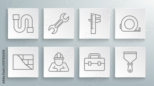 Set line Bricks, Wrench spanner, Builder, Toolbox, Putty knife, Calliper or caliper and scale, Roulette construction and Industry pipe icon. Vector