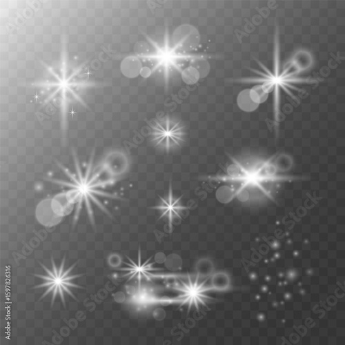 Set of monochrome glare particles, stars, bokeh light and transparent glare effects.