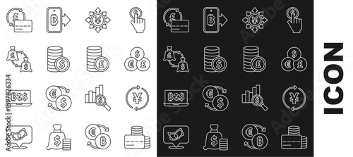 Set line Credit card, Coin money with Yen, Currency exchange, dollar, and pound icon. Vector