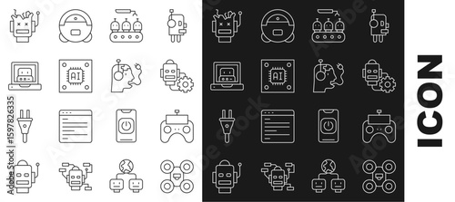 Set line Drone, Remote control, Robot setting, Industrial production of robots, Processor with microcircuits CPU, Creating, Broken and charging battery icon. Vector