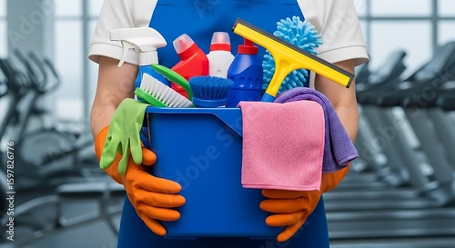 person equipped with orange gloves and a blue apron holds a vibrant blue bucket packed with cleaning essentials—spray bottles, microfiber cloths, brushes, and a squeegee—ready for a thorough sanitizin