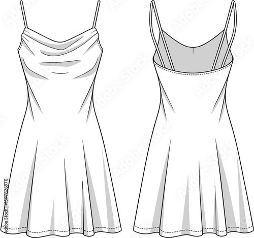Spaghetti strap dress CAD drawing, front and back view, flat vector fashion illustration, flowy gown template for apparel design