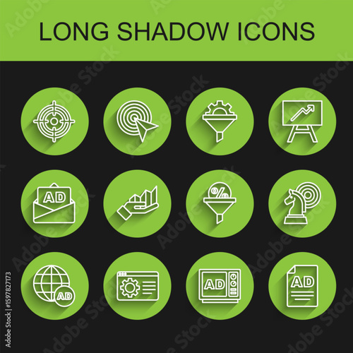 Set line Advertising, Browser setting, Target, Pie chart infographic, Chess and Lead management icon. Vector