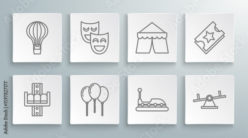 Set line Attraction carousel, Comedy theatrical masks, Balloons with ribbon, Bumper, Seesaw, Circus tent, Ticket and Hot air balloon icon. Vector