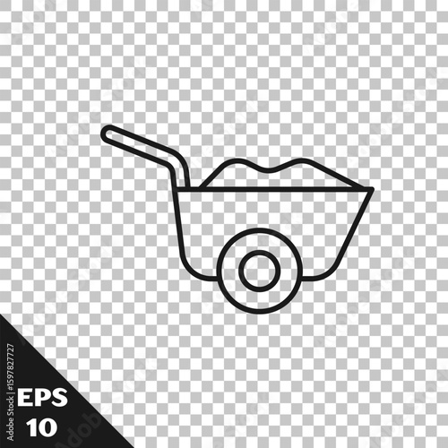 Black line Wheelbarrow icon isolated on transparent background. Tool equipment. Agriculture cart wheel farm. Vector
