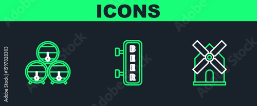 Set line Windmill, Wooden barrel on rack with stopcock and Street signboard inscription Beer icon. Vector