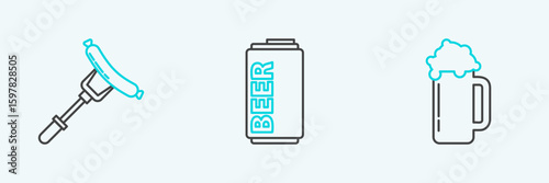 Set line Glass of beer, Sausage on the fork and Beer can icon. Vector