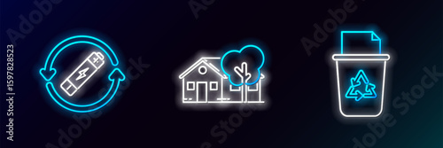 Set line Recycle bin with recycle symbol, Battery line and Eco friendly house icon. Glowing neon. Vector