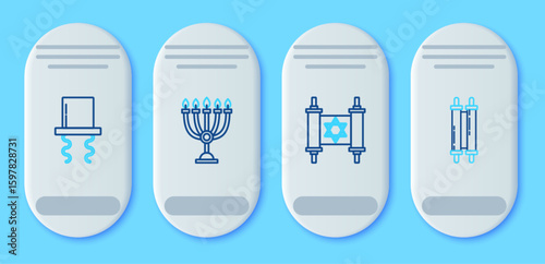 Set line Hanukkah menorah, Torah scroll, Orthodox jewish hat with sidelocks and icon. Vector