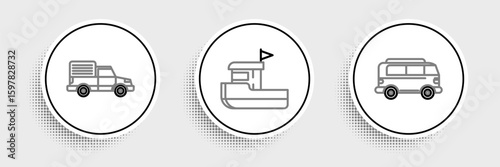 Set line Retro minivan, Delivery cargo truck vehicle and Fishing boat icon. Vector