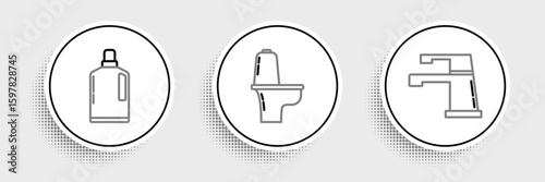 Set line Water tap, Plastic bottles for liquid dishwashing liquid and Toilet bowl icon. Vector