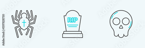 Set line Skull, Spider and Tombstone with RIP icon. Vector
