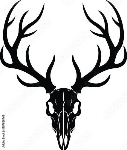 Black Silhouette of Deer Skull with Large Antlers Vector Illustration