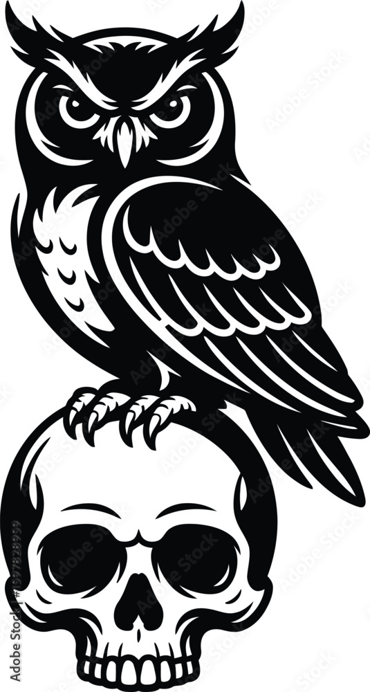 Obraz premium Vintage Owl Sitting on Skull Black Tattoo Style Silhouette Vector