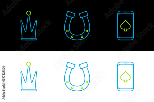 Set line Online poker table game, Crown and Horseshoe icon. Vector