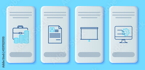 Set line Resume, Chalkboard, Briefcase and coin and Computer monitor with graph chart icon. Vector