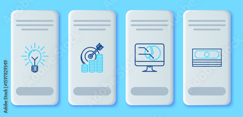 Set line Target with coin symbol, Computer monitor graph chart, Light bulb rays shine and concept of idea and Stacks paper money cash icon. Vector