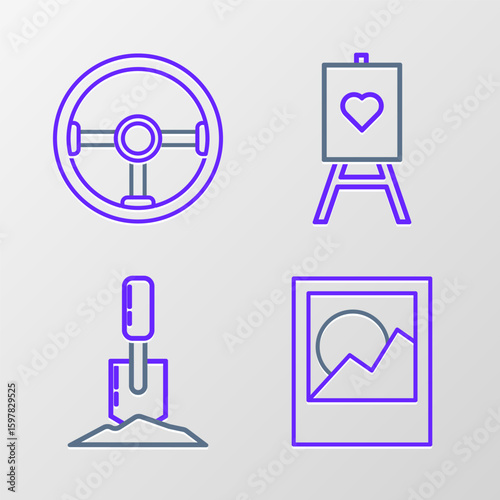 Set line Photo frames, Shovel in the ground, Wood easel or painting art boards and Steering wheel icon. Vector