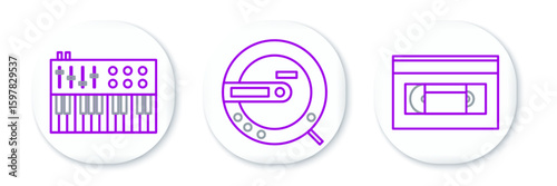 Set line VHS video cassette tape, Music synthesizer and CD player icon. Vector