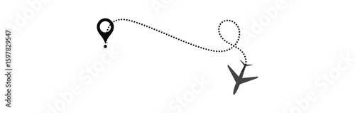 air plane flight route with start point and dash line trace. Various aircraft and destination location pins icons. Aircraft tracking, planes, travel, map