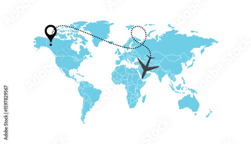 air plane flight route with start point and dash line trace. Various aircraft and destination location pins icons. Aircraft tracking, planes, travel, map