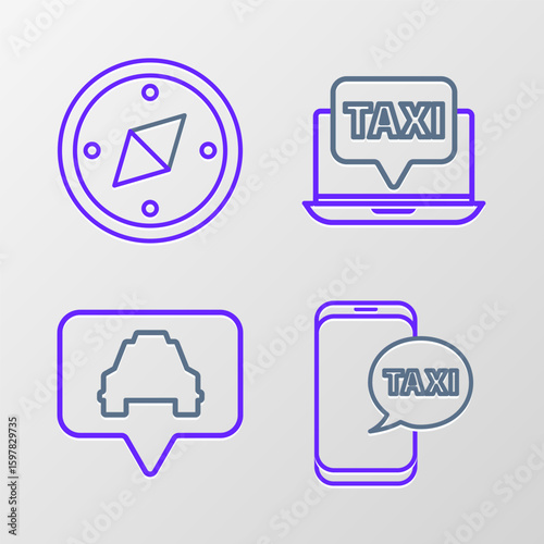 Set line Taxi call telephone service, Map pointer with taxi, Laptop and Compass icon. Vector