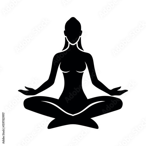 Serene female practicing lotus position in yoga silhouette Art Vector illustration