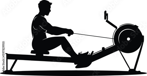 Silhouette of Man Exercising on Rowing Machine Illustration