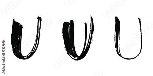 Three abstract black brush stroke letter U shapes vector illustration