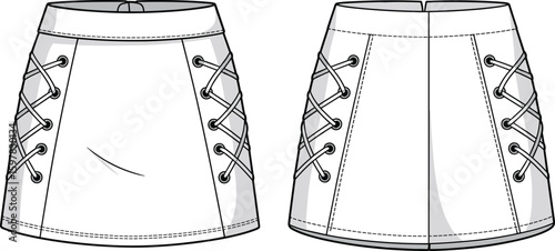 CAD drawing flat vector illustration of lace-up skirt fashion design, front and back views, side detailing, garment sketch, apparel template