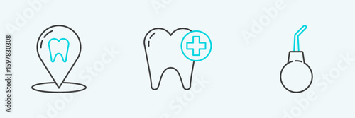 Set line Enema pear, Dental clinic location and Tooth icon. Vector
