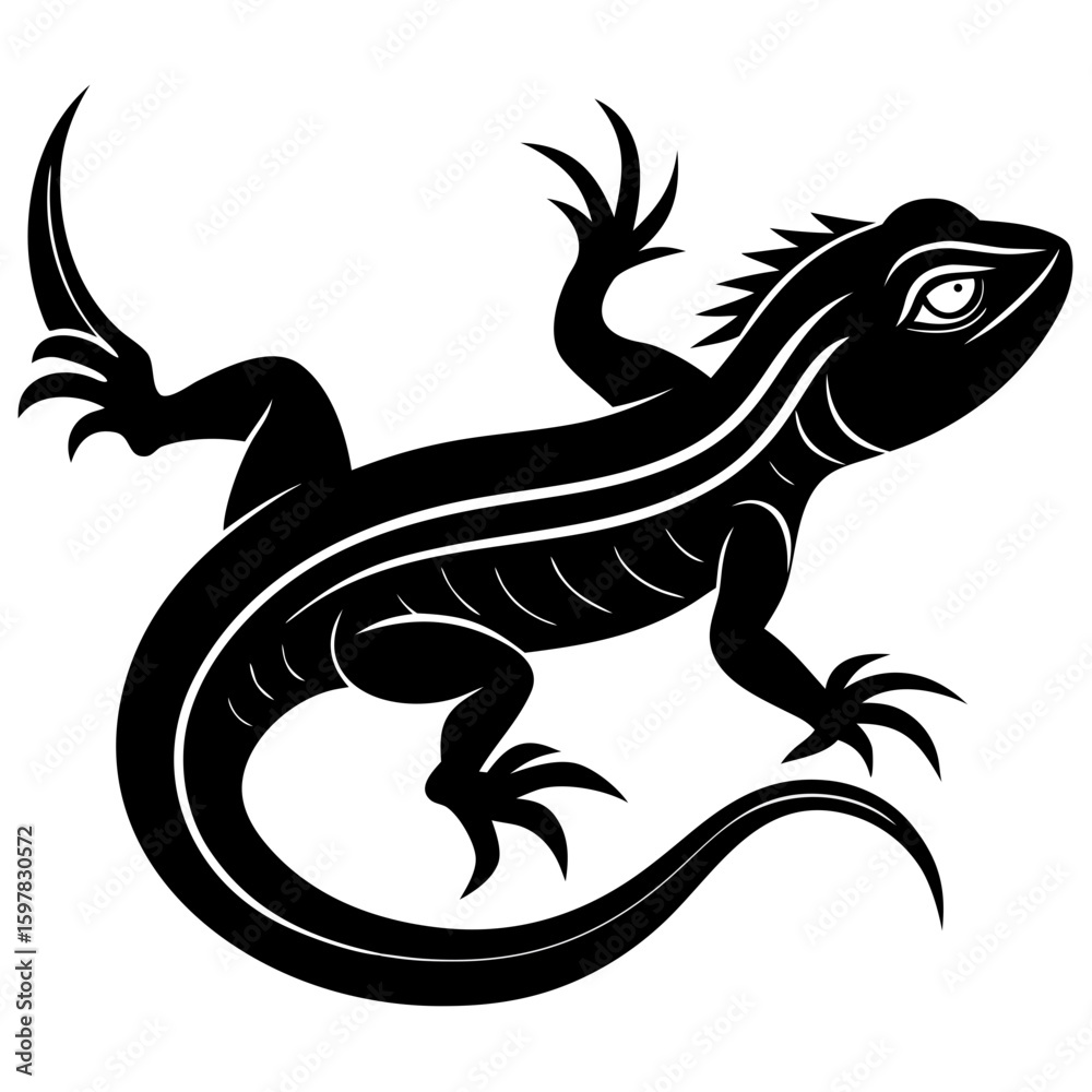 Obraz premium Black Silhouette of Lizard with Curled Tail