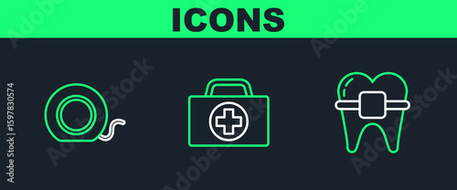 Set line Teeth with braces, Dental floss and First aid kit icon. Vector