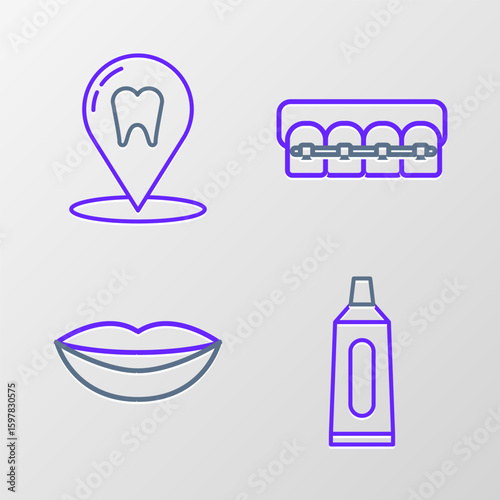 Set line Tube of toothpaste, Smiling lips, Teeth with braces and Dental clinic location icon. Vector