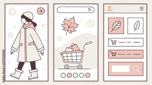 Illustration of three mobile app screens showcasing fashion, shopping cart, and product browsing interfaces