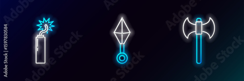 Set line Medieval axe, Dynamite bomb stick clock and Japanese ninja shuriken icon. Glowing neon. Vector
