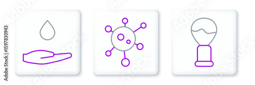 Set line Shaving brush, Washing hands with soap and Virus icon. Vector