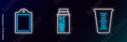 Set line Measuring cup, Cutting board and Paper package for milk icon. Glowing neon. Vector