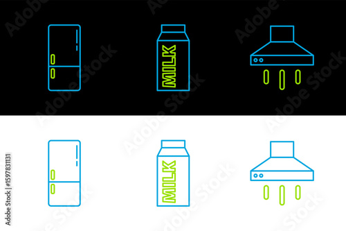Set line Kitchen extractor fan, Refrigerator and Paper package for milk icon. Vector