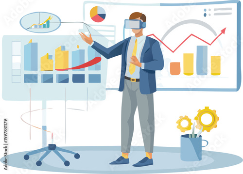 A man wearing vr headset presenting data charts and graphs in a virtual reality environment session