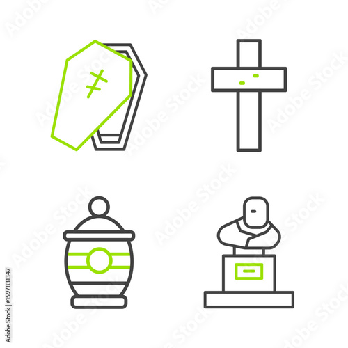 Set line Grave with tombstone, Funeral urn, Christian cross and Coffin icon. Vector