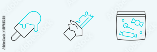 Set line Candy packaging for sweets, Ice cream and Bitten chocolate bar icon. Vector