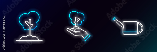 Set line Watering can, Tree the ground and hand of environmental protection icon. Glowing neon. Vector