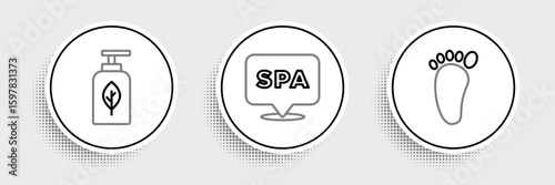Set line Foot massage, Essential oil bottle and Spa salon icon. Vector