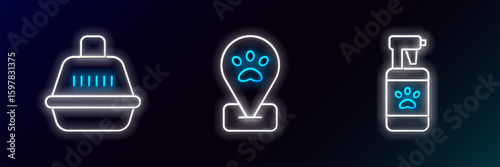 Set line Pet shampoo, carry case and Location pet grooming icon. Glowing neon. Vector