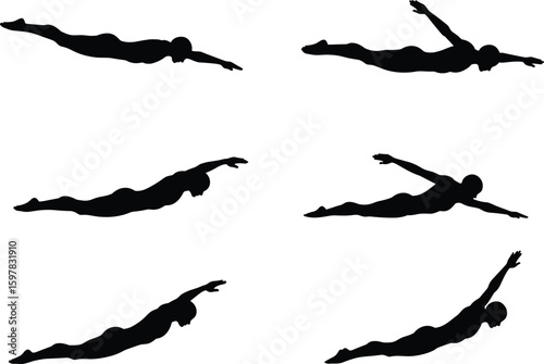 Silhouettes of swimmers performing freestyle stroke, swimming action vector set, athletic movement in water, professional sports training illustrations collection