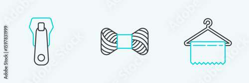 Set line Hanger wardrobe, Zipper and Sewing thread on spool icon. Vector