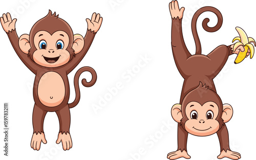 Cartoon monkeys vector, playful characters with banana, handstand pose, cute design for kids, fun illustration, cad drawing flat vector