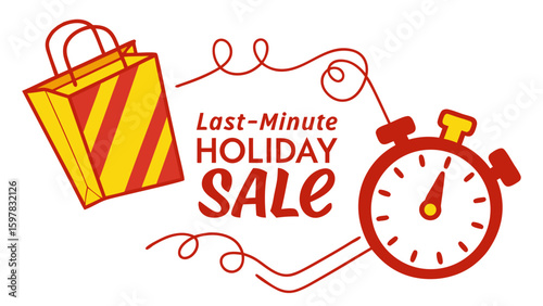Illustration of a shopping bag and a stopwatch with text last minute holiday sale in red and yellow color 100